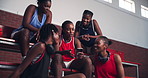 Women, basketball or friends with phone in school on social media for break, college or entertainment. Sign up, talking or African athletes on mobile for opportunity, sports scholarship or training