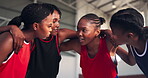 Huddle, talking and teamwork with black women on basketball court for sports, game and friends. Solidarity, training strategy and competition with group of people in gym for fitness and discussion