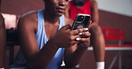 Hands, basketball or woman with phone in college on social media for break or entertainment. Court, register or girl athlete texting on mobile app for research, sports scholarship or training program