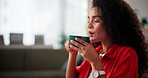Business, smile and woman in office, coffee and latte for wellness break, calm and smell. Person, entrepreneur and employee in workplace, herbal tea and pride with cappuccino, relax and caffeine