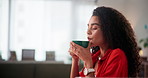 Business, relax and woman in office, coffee and latte for wellness break, calm and aroma. Person, entrepreneur and employee in workplace, herbal tea and smell with cappuccino, pride and caffeine