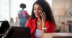 Phone call, ecommerce and woman in office, business owner and conversation with contact. People, distribution and mobile user in workplace, cellphone and communication for shipping order or inventory