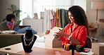 Jewelry, box and small business with woman and necklace for designer, ecommerce and order. Online boutique, startup and dropshipping with person in office for inventory, logistics and entrepreneur