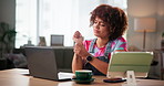 Home, freelancer and woman with wrist pain for injury, burnout and journalist with technology. Remote work, tablet and laptop with editor for carpal tunnel, arthritis and hand massage to relief ache