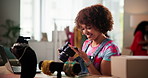 Camera, jewelry and smile with woman in office for advertising of small business startup as entrepreneur. Marketing, photograph and product with happy jeweler in freelance workplace for retail sales