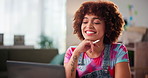 Creative, laptop and smile with woman in office for research or small business startup as entrepreneur. Agency, computer and information with satisfied employee at work for development or planning