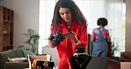 Advertising, photography and jewelry with woman and product for small business, designer or ugc marketing. Ecommerce, online boutique and post with person in office for entrepreneur and startup