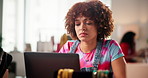 Creative, reading and research with woman in office for development of small business startup as entrepreneur. Agency, artistic and information with design employee in workplace for planning