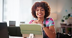 Video call, photographer and woman on tablet in studio for client discussion, virtual meeting and chat. Creative, photography and person on digital tech for conversation, communication and consulting