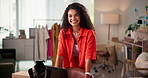 Happy woman, face and business owner for fashion, boutique or accessories at store. Portrait, entrepreneur or clothes designer with jewelry, confidence or smile by counter for custom design at shop