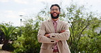 Happy, business and man with face in city of real estate, property development and corporate career. Smile, realtor and arms crossed for ambition of infrastructure, project management of urban travel