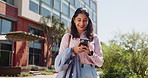 Outdoor, happy and businesswoman with communication, contact or networking with positive email. Cellphone, walking and female attorney excited for good news with civil law approval in urban town.