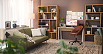 Empty, living room and furniture in home, plants and stylish interior design of apartment and decor. Room, real estate and lounge of rental property, luxury and growth of leaves and couch in house