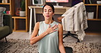 Yoga, meditation and woman breathing for calm, fitness and mindfulness for inner peace in home. Relax, zen and person exercise for wellness, stress relief and health to align heart chakra for balance