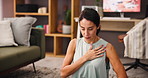 Yoga, breathing and woman in meditation in home for inner peace, calm or mindfulness for fitness. Relax, zen or person exercise for wellness, stress relief or health to align heart chakra for balance