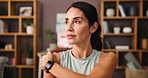 Woman, fitness and stretching with arms for workout preparation, exercise or yoga at home. Calm, female person or yogi in relax, warm up or breathing for pilates, training or health and wellness