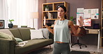 Home, yoga and meditation with woman on floor, wellness and breathing exercise in living room. Apartment, yogi and mature person in lounge, calm and start day with morning fitness and healthy