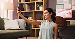 Selfie, fitness and woman with smile, home and post of exercise routine on web, laughing and lounge. Happy, influencer and mature person with app for social media, healthy and picture of workout