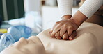Hands, person and dummy for teaching cpr of first aid, demonstration lesson and healthcare protocol. Trainer, mannequin or ventilation process, medical emergency and learning procedure of life saving
