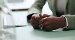 Stress, thinking and hands of business woman in office with worry for mistake, fail and error. professional, corporate and closeup of worker at desk with anxiety for work decision, choice and crisis