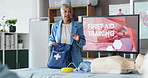 Mature, woman and teaching for first aid training for rescue safety, demonstration lesson and workshop. Person, explain and injury kit for medical emergency, learning procedure and life saving advice