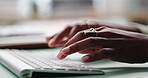 Person, hands and typing on keyboard for email, spreadsheet and proposal or application for office work. Woman, online and technology with business task for drafting, digital notes and report
