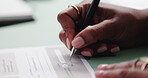 Business woman, hands and writing signature on document for contract application or legal paperwork on office desk. Hand of employer person signing or filling form, policy or agreement for deal