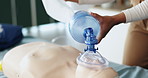 Ventilator, cpr and hands of person with dummy for demonstration, tutorial and lesson for first aid. Healthcare, safety and woman with respiratory mask for paramedic course, learning or medical class