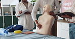 People, hands and teaching for first aid training for rescue safety, demonstration lesson and advice. Paramedic, presentation and injury kit for medical emergency, learning procedure and life saving