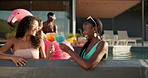 Happy women, friends and cheers with drink at pool party for new year, celebration or summer vacation. Female people, toast or cocktail with smile for break, relaxation or good vibes at luxury resort