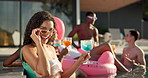 Face, party or happy woman with cocktail in swimming pool for holiday, break or vacation. Relax, drinks or person in water with smile or friends or people at hotel, lodge or resort for summer getaway
