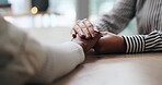 Therapist, people and holding hands for support, care and trust with kindness in clinic. Counseling, comfort and psychologist help with empathy for grief, console or connection with sympathy for loss
