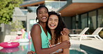 Face, hug and smile with best friends poolside at hotel for summer holiday or vacation together. Happy, laughing and travel with women embracing at swimming pool of lodge or resort for bonding