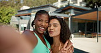 Happy women, peace sign and friends with selfie for photography, summer vacation or weekend at pool party. Portrait, female people or hug with smile for picture, memory or moment together at resort