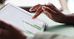 Hands, tablet and screen with graphs, review and statistics for company sales or data analysis in office. Tech, ux and person for report of profit, finance and revenue with ui and business analytics