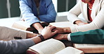 Holding hands, bible study and prayer group with worship, religion and believe with guidance. Closeup, Christian and people with respect, gratitude and holy scripture with faith, learning and God