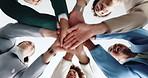 Office, business people and stack with hands for celebration, investment success or applause by confetti. Below, employees or finance team with huddle for motivation, glitter or financial achievement