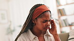 Stress, headache and student with woman on sofa for college debt, vertigo pain and mental health. Scholarship rejection, frustrated and anxiety with African person in living room at home for burnout
