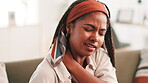 Stress, shoulder pain and student with woman on sofa for college debt, fatigue and mental health. Scholarship rejection, frustrated and anxiety with African person in living room at home for burnout