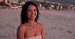 Beach, woman and face with smile on vacation, weekend holiday and confidence on summer break. Outdoor, evening and female person with happiness in portrait, travel destination and peace in California