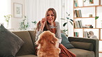 Treat, sofa and woman with dog in home for training, learning tricks and playing together in living room. Pet owner, happy and person with Golden Retriever with snacks for bonding, relax and love