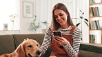 Woman, phone and dog on sofa in home with smile, stroke and care with texting, chat and relax in lounge. Girl, smartphone and golden retriever with mobile app, happy and social media at apartment