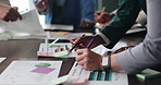 Boardroom, hands and colleagues with documents, signing and review of shareholder agreement, info and busy. Meeting, business people and paperwork for merger in company, contract and banker in office