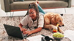 Laptop, learning or study with black woman and dog on floor in living room of home for education. Chew toy, computer or scholarship with happy pet owner and labrador in apartment for college course