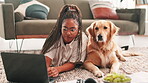 Education, laptop or research with black woman and dog on floor in living room of home for study. Computer, scholarship or student with labrador and pet owner in apartment for online course or lesson
