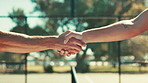 Tennis, closeup or people in sports for handshake for game, match or training lesson with respect. Greeting, introduction and athlete shaking hands on outdoor court for playing together or practice