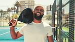 Padel tennis, face and sports with man on court for competition, training and performance. Game, health workout and fitness club with person in match for athlete, exercise and racket tournament