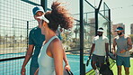 Walking, start and people on tennis court for sports for game, match and fitness training. Begin, club or athletes with group on outdoor workout for playing together, exercise or practice activity