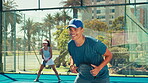 Padel tennis, team and sports with man on court for competition, training and performance. Game, health workout and fitness club with person in match for athlete, exercise and racket tournament