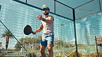 Padel tennis, serve and sports with man on court for competition, training and performance. Game, health workout and fitness club with person in match for athlete, exercise and racket tournament